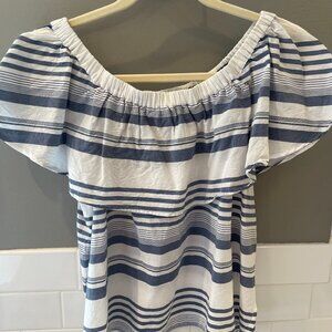 LOFT Blue Striped Ruffle Off the Shoulder Top | XS